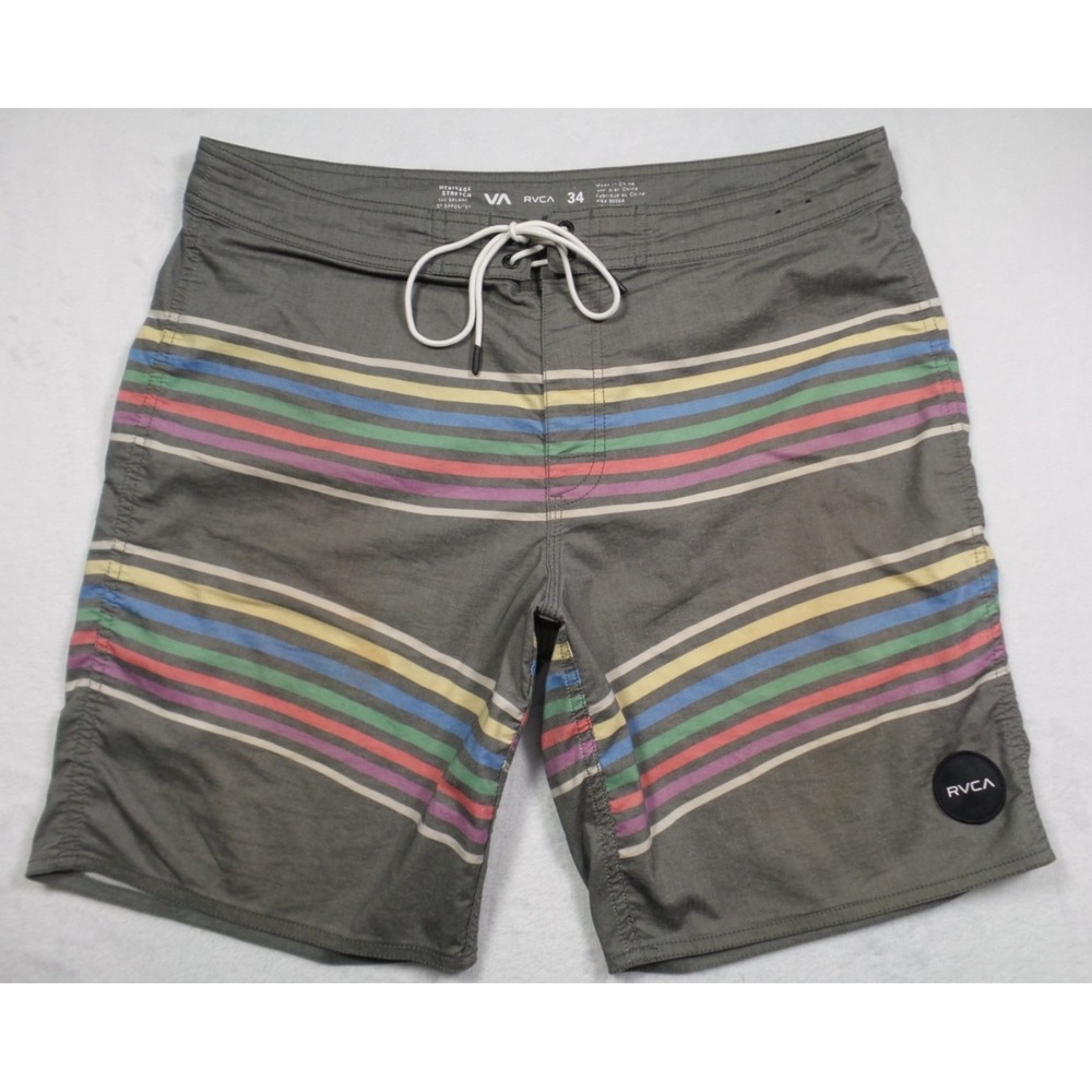 RVCA Shorts Mens Size 34 Gray Striped Heritage Stretch Pocket Swim Boardshorts